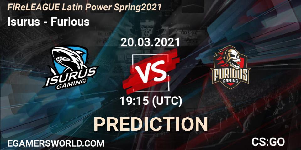 Isurus vs Furious: Match Prediction. 20.03.2021 at 19:15, Counter-Strike (CS2), FiReLEAGUE Latin Power Spring 2021 - BLAST Premier Qualifier