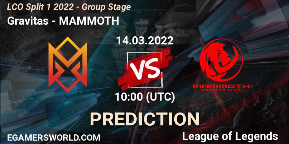 Gravitas vs MAMMOTH: Match Prediction. 14.03.2022 at 10:00, LoL, LCO Split 1 2022 - Group Stage 