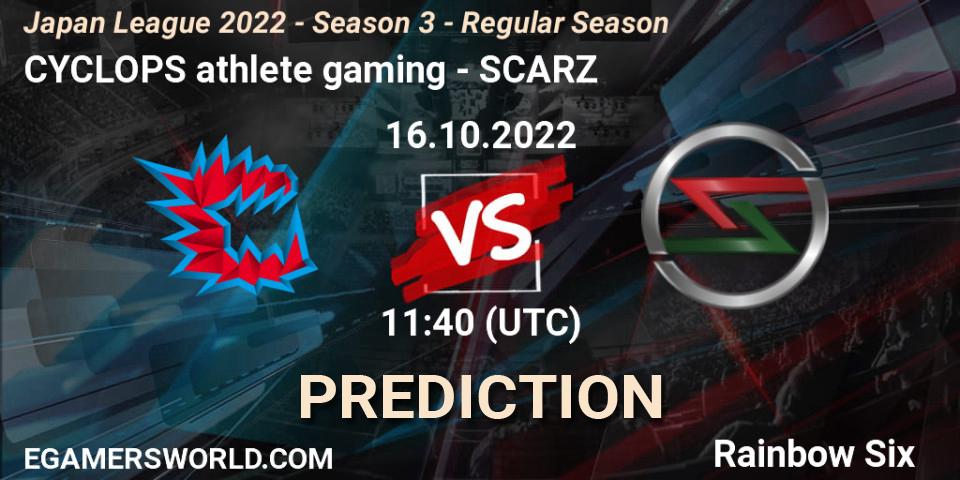 CYCLOPS athlete gaming vs SCARZ: Match Prediction. 16.10.2022 at 11:40, Rainbow Six, Japan League 2022 - Season 3 - Regular Season