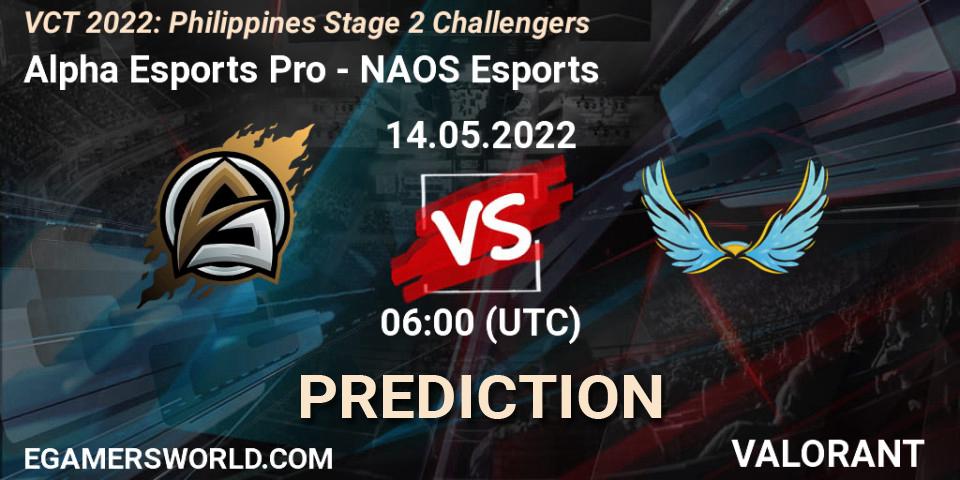 Alpha Esports Pro vs NAOS Esports: Match Prediction. 14.05.2022 at 06:00, VALORANT, VCT 2022: Philippines Stage 2 Challengers