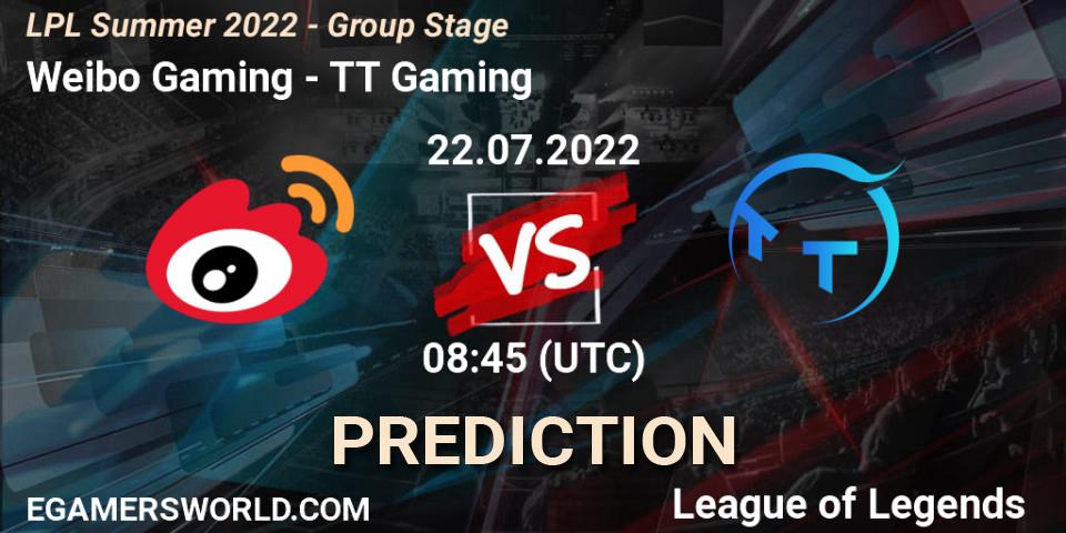 Weibo Gaming vs TT Gaming: Match Prediction. 22.07.2022 at 09:00, LoL, LPL Summer 2022 - Group Stage