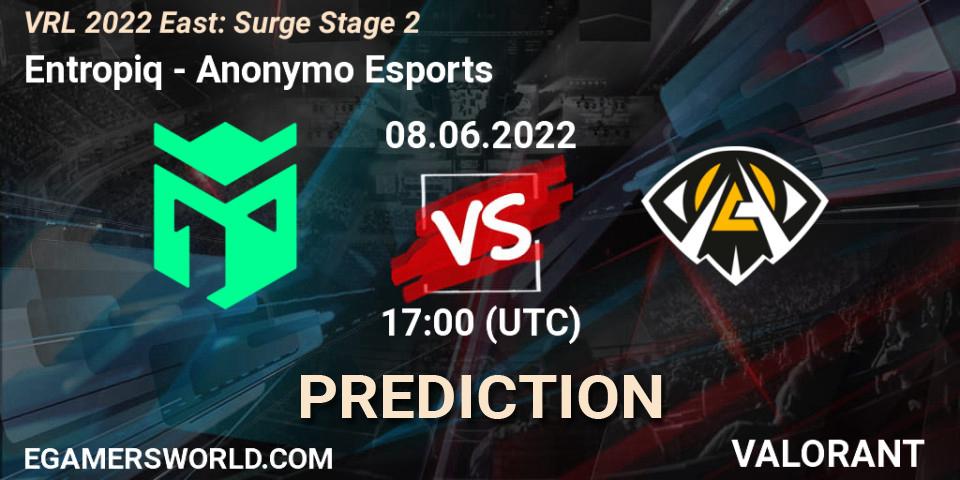 Entropiq vs Anonymo Esports: Match Prediction. 08.06.2022 at 17:15, VALORANT, VRL 2022 East: Surge Stage 2