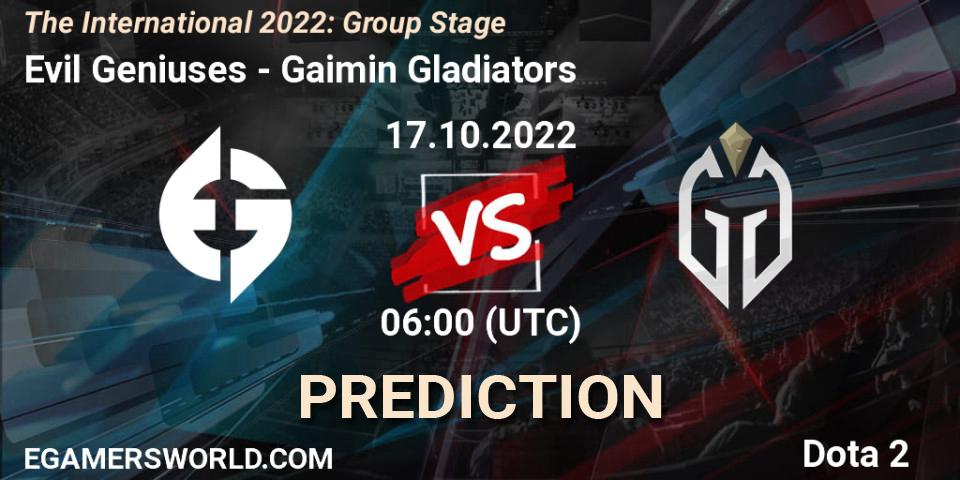 Evil Geniuses vs Gaimin Gladiators: Match Prediction. 17.10.2022 at 07:29, Dota 2, The International 2022: Group Stage