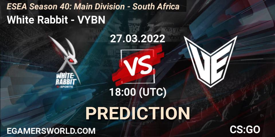 White Rabbit vs VYBN: Match Prediction. 27.03.2022 at 18:00, Counter-Strike (CS2), ESEA Season 40: Main Division - South Africa