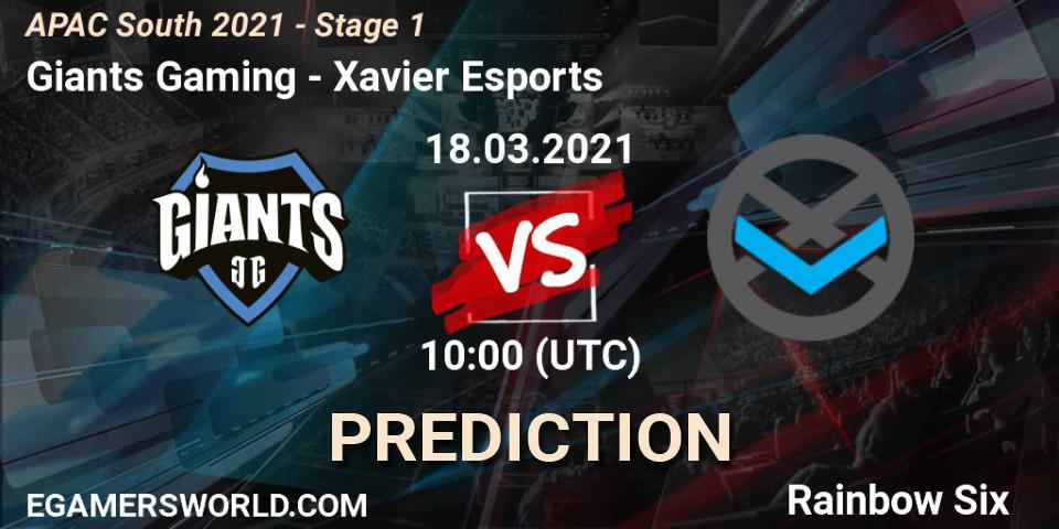 Giants Gaming vs Xavier Esports: Match Prediction. 18.03.2021 at 11:30, Rainbow Six, APAC South 2021 - Stage 1