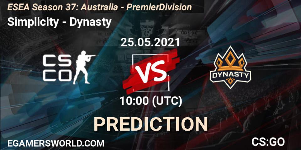 Simplicity vs Dynasty: Match Prediction. 25.05.2021 at 10:00, Counter-Strike (CS2), ESEA Season 37: Australia - Premier Division