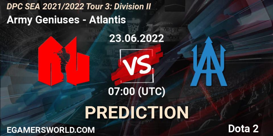 Army Geniuses vs Atlantis: Match Prediction. 23.06.22, Dota 2, DPC SEA 2021/2022 Tour 3: Division II