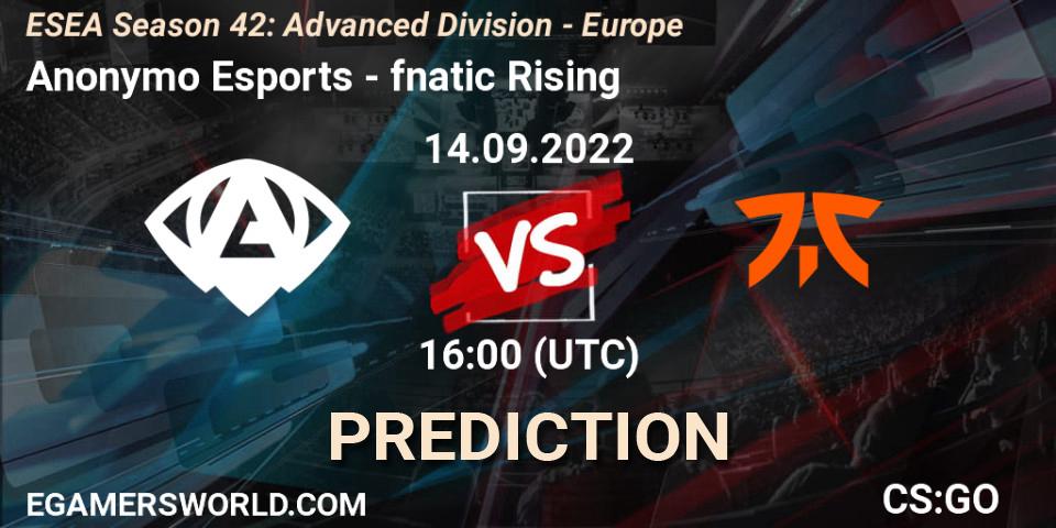 Anonymo Esports vs fnatic Rising: Match Prediction. 14.09.2022 at 16:00, Counter-Strike (CS2), ESEA Season 42: Advanced Division - Europe