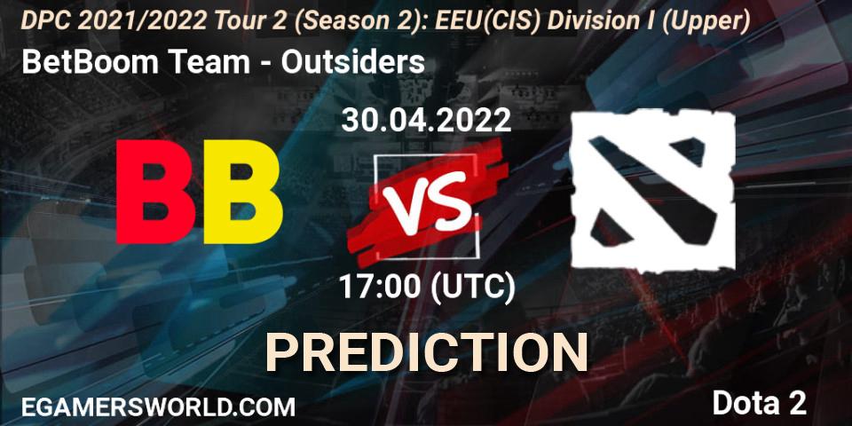 BetBoom Team vs Outsiders: Match Prediction. 30.04.2022 at 17:00, Dota 2, DPC 2021/2022 Tour 2 (Season 2): EEU(CIS) Division I (Upper)