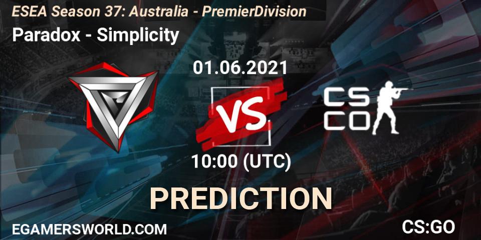 Paradox vs Simplicity: Match Prediction. 01.06.2021 at 10:00, Counter-Strike (CS2), ESEA Season 37: Australia - Premier Division