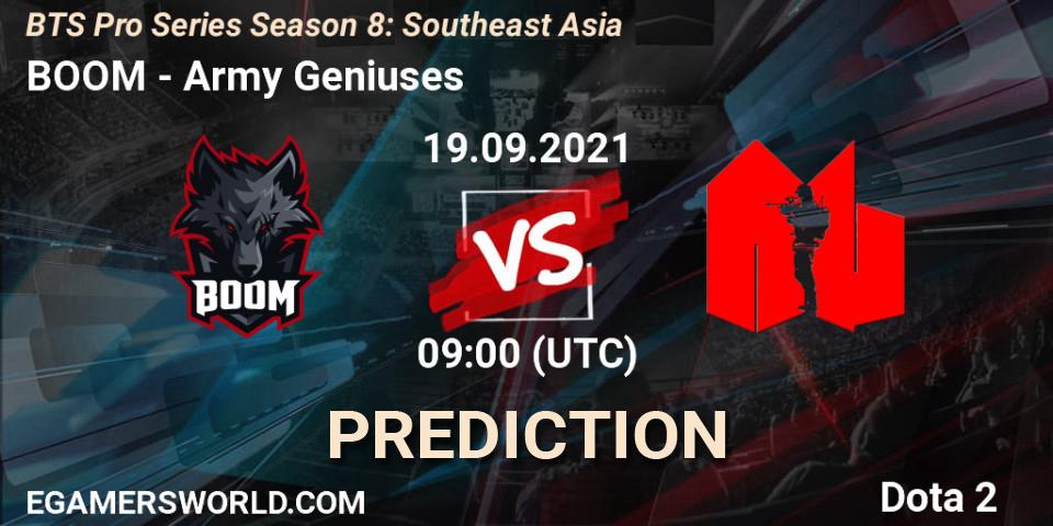 BOOM vs Army Geniuses: Match Prediction. 19.09.2021 at 09:09, Dota 2, BTS Pro Series Season 8: Southeast Asia