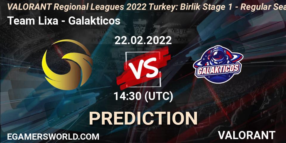 Team Lixa vs Galakticos: Match Prediction. 22.02.2022 at 14:45, VALORANT, VALORANT Regional Leagues 2022 Turkey: Birlik Stage 1 - Regular Season