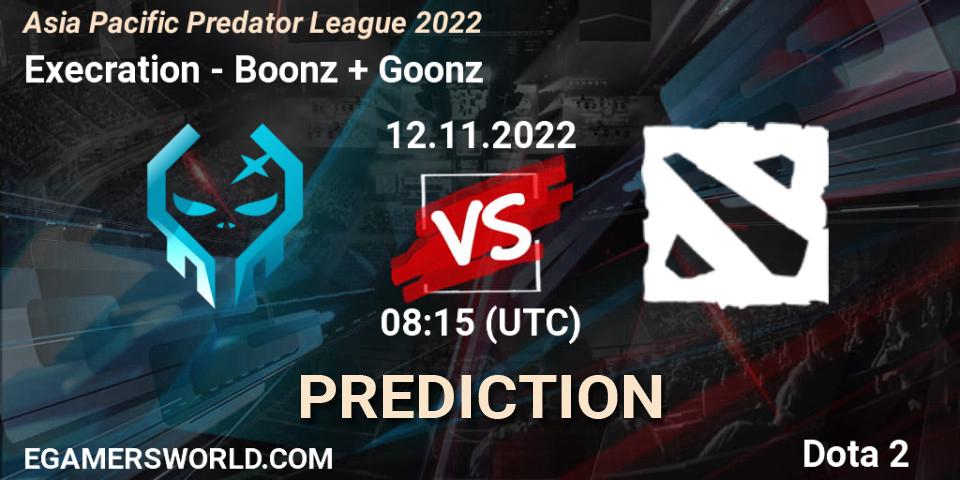 Execration vs Boonz + Goonz: Match Prediction. 12.11.2022 at 08:15, Dota 2, Asia Pacific Predator League 2022