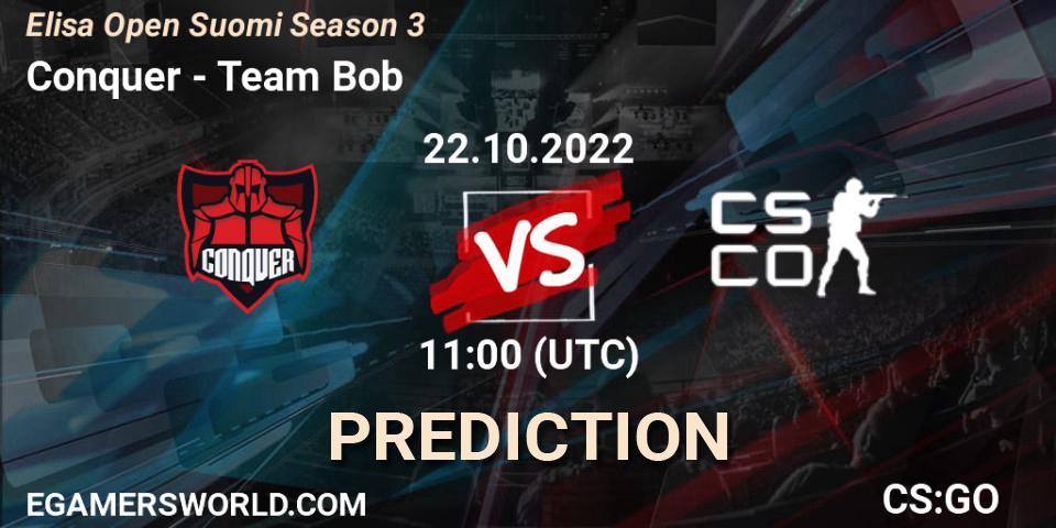 Conquer vs Team Bob: Match Prediction. 22.10.2022 at 11:00, Counter-Strike (CS2), Elisa Open Suomi Season 3