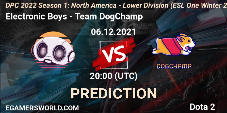 Electronic Boys vs Team DogChamp: Match Prediction. 06.12.2021 at 19:57, Dota 2, DPC 2022 Season 1: North America - Lower Division (ESL One Winter 2021)