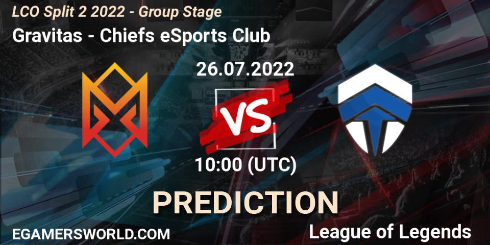 Gravitas vs Chiefs eSports Club: Match Prediction. 26.07.2022 at 10:00, LoL, LCO Split 2 2022 - Group Stage
