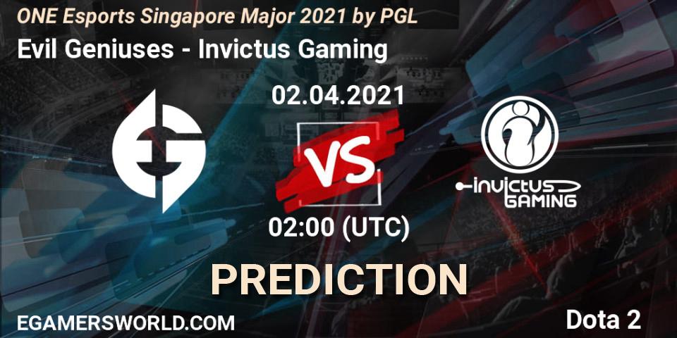 Evil Geniuses vs Invictus Gaming: Match Prediction. 02.04.2021 at 02:02, Dota 2, ONE Esports Singapore Major 2021