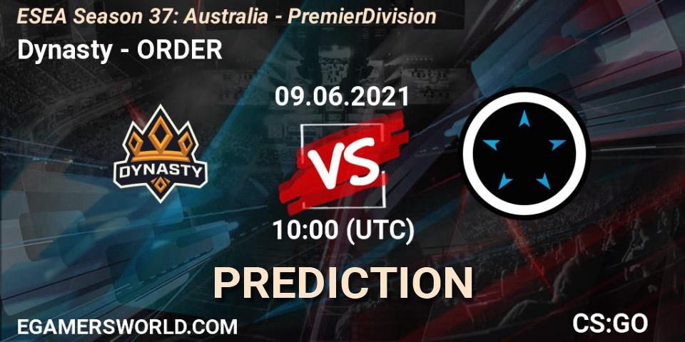 Dynasty vs ORDER: Match Prediction. 09.06.2021 at 10:00, Counter-Strike (CS2), ESEA Season 37: Australia - Premier Division