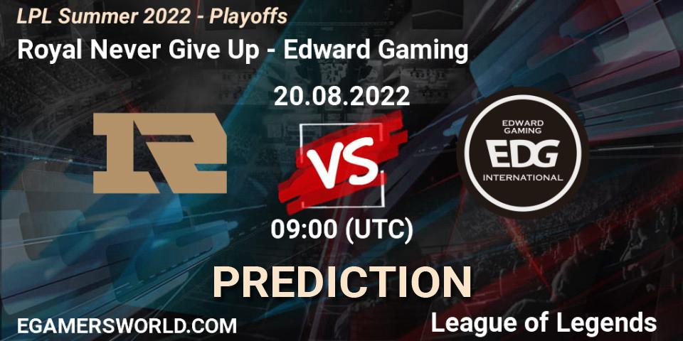 Royal Never Give Up vs Edward Gaming: Match Prediction. 20.08.2022 at 09:00, LoL, LPL Summer 2022 - Playoffs