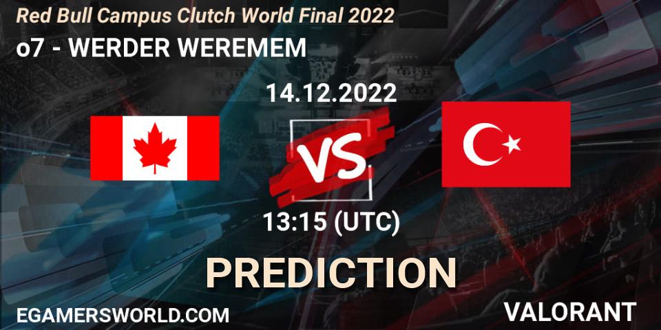 o7 vs WERDER WEREMEM: Match Prediction. 14.12.2022 at 13:15, VALORANT, Red Bull Campus Clutch World Final 2022
