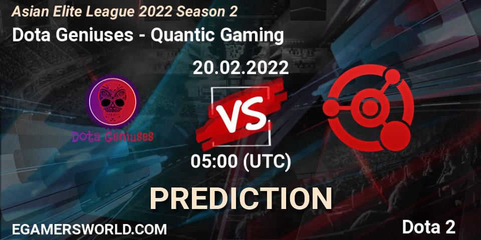 Dota Geniuses vs Quantic Gaming: Match Prediction. 20.02.2022 at 04:59, Dota 2, Asian Elite League 2022 Season 2