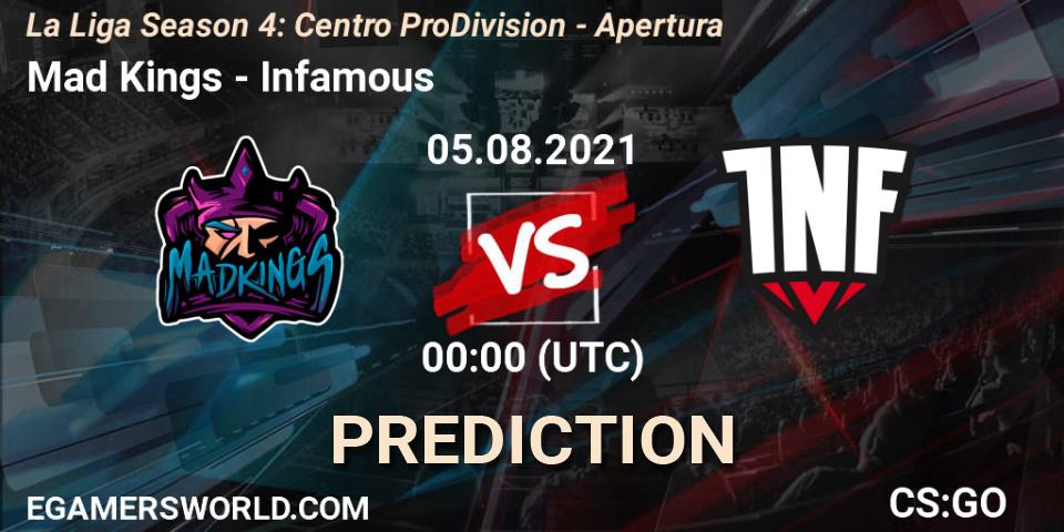 Mad Kings vs Infamous: Match Prediction. 05.08.2021 at 00:00, Counter-Strike (CS2), La Liga Season 4: Centro Pro Division - Apertura