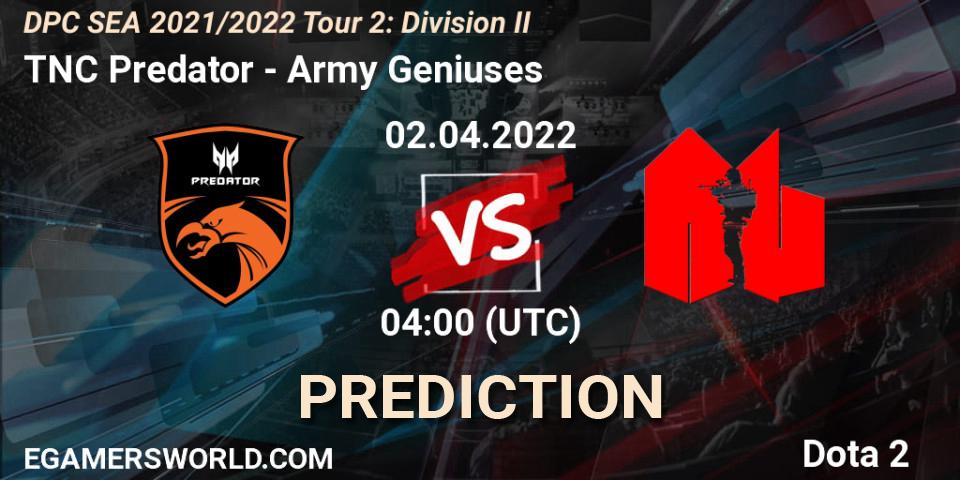 TNC Predator vs Army Geniuses: Match Prediction. 02.04.2022 at 04:00, Dota 2, DPC 2021/2022 Tour 2: SEA Division II (Lower)
