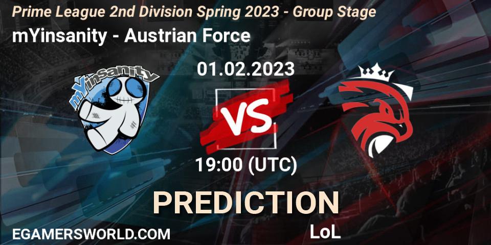 mYinsanity vs Austrian Force: Match Prediction. 01.02.23, LoL, Prime League 2nd Division Spring 2023 - Group Stage