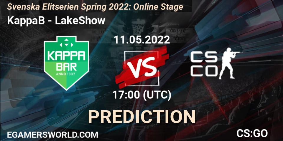 KappaB vs LakeShow: Match Prediction. 11.05.2022 at 17:00, Counter-Strike (CS2), Svenska Elitserien Spring 2022: Online Stage