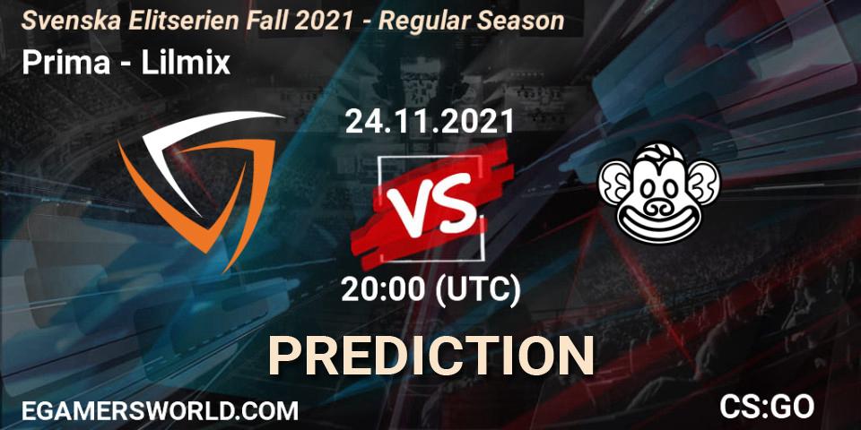 Prima vs Lilmix: Match Prediction. 24.11.2021 at 20:00, Counter-Strike (CS2), Svenska Elitserien Fall 2021 - Regular Season
