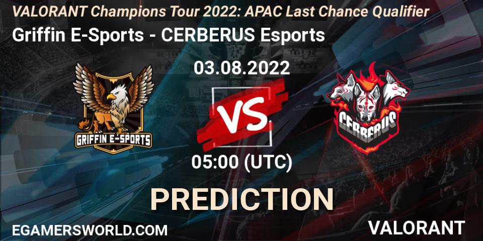 Griffin E-Sports vs CERBERUS Esports: Match Prediction. 03.08.2022 at 05:00, VALORANT, VCT 2022: APAC Last Chance Qualifier