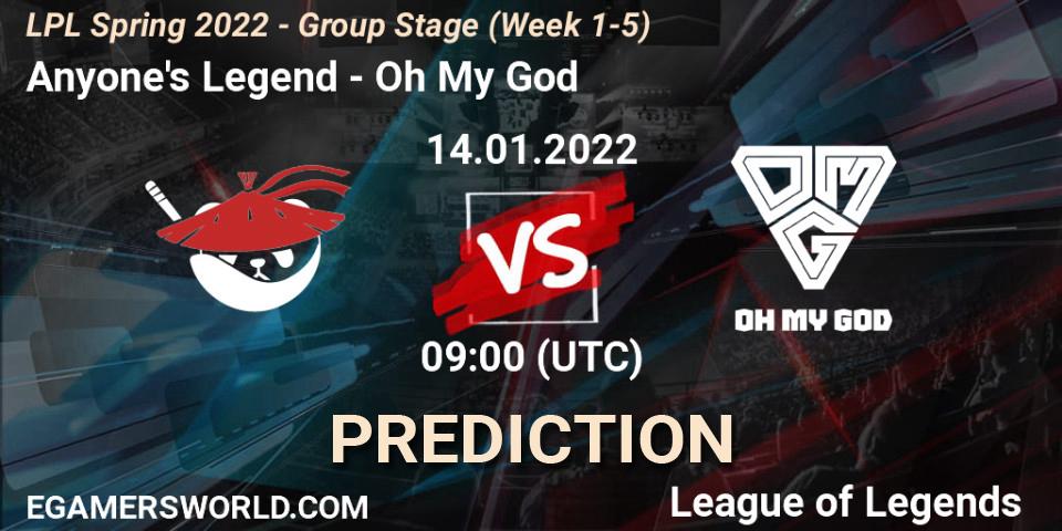 Anyone's Legend vs Oh My God: Match Prediction. 14.01.2022 at 09:00, LoL, LPL Spring 2022 - Group Stage (Week 1-5)