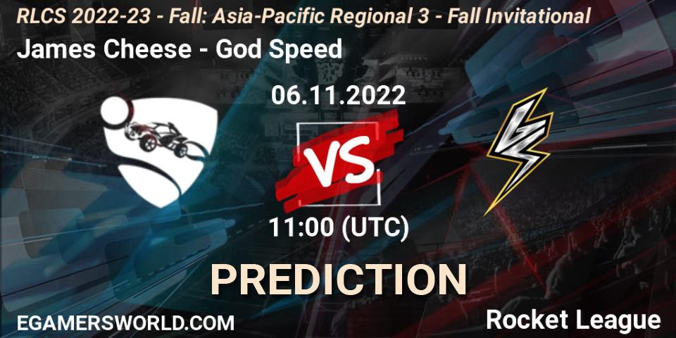 James Cheese vs God Speed: Match Prediction. 06.11.2022 at 11:00, Rocket League, RLCS 2022-23 - Fall: Asia-Pacific Regional 3 - Fall Invitational