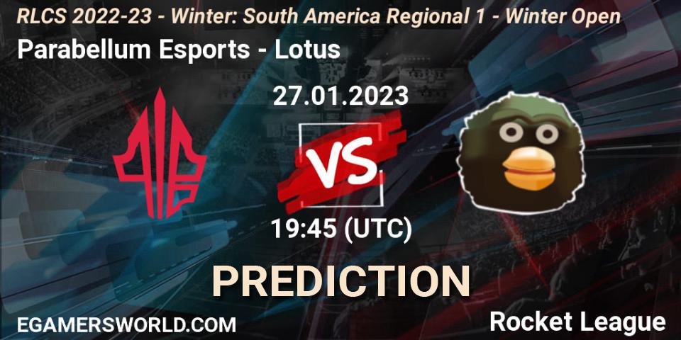 Parabellum Esports vs Lotus: Match Prediction. 27.01.2023 at 19:45, Rocket League, RLCS 2022-23 - Winter: South America Regional 1 - Winter Open