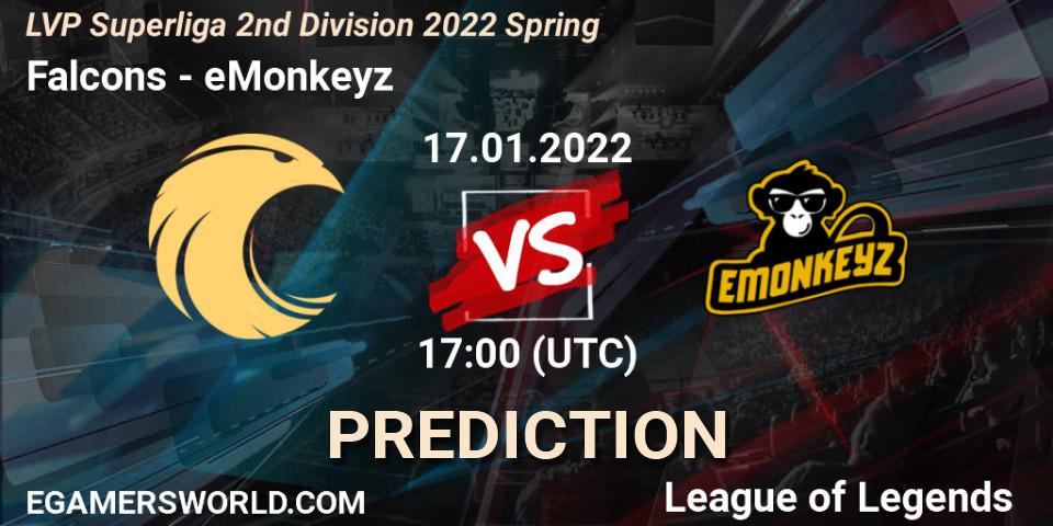 Falcons vs eMonkeyz: Match Prediction. 18.01.2022 at 17:00, LoL, LVP Superliga 2nd Division 2022 Spring