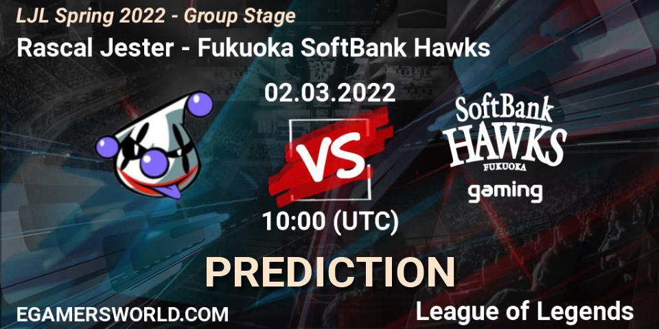 Rascal Jester vs Fukuoka SoftBank Hawks: Match Prediction. 02.03.2022 at 10:00, LoL, LJL Spring 2022 - Group Stage