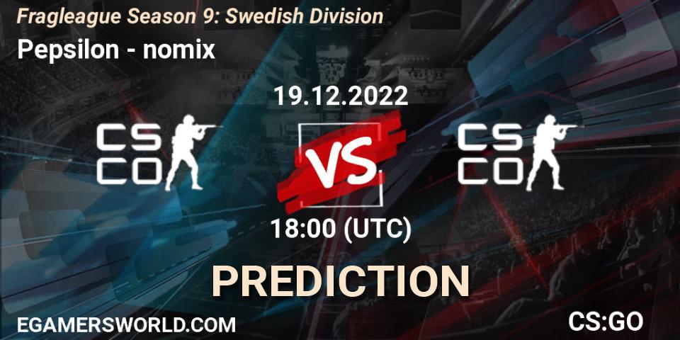 Pepsilon vs nomix: Match Prediction. 19.12.2022 at 18:00, Counter-Strike (CS2), Fragleague Season 9: Swedish Division