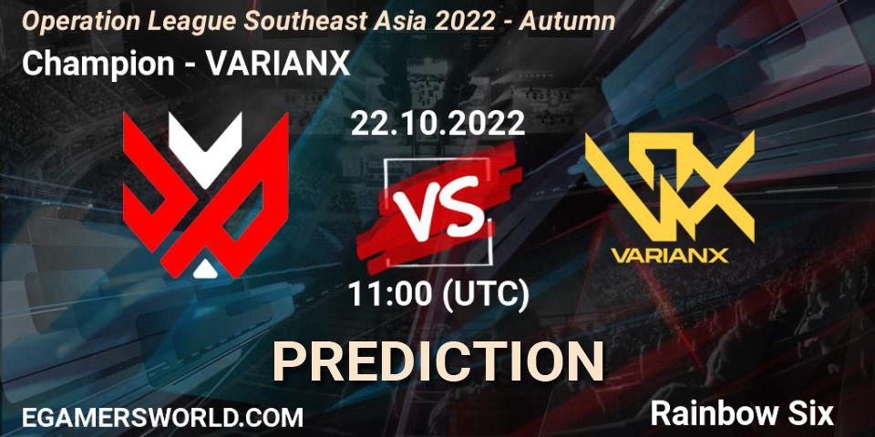 Champion vs VARIANX: Match Prediction. 22.10.2022 at 11:00, Rainbow Six, Operation League Southeast Asia 2022 - Autumn