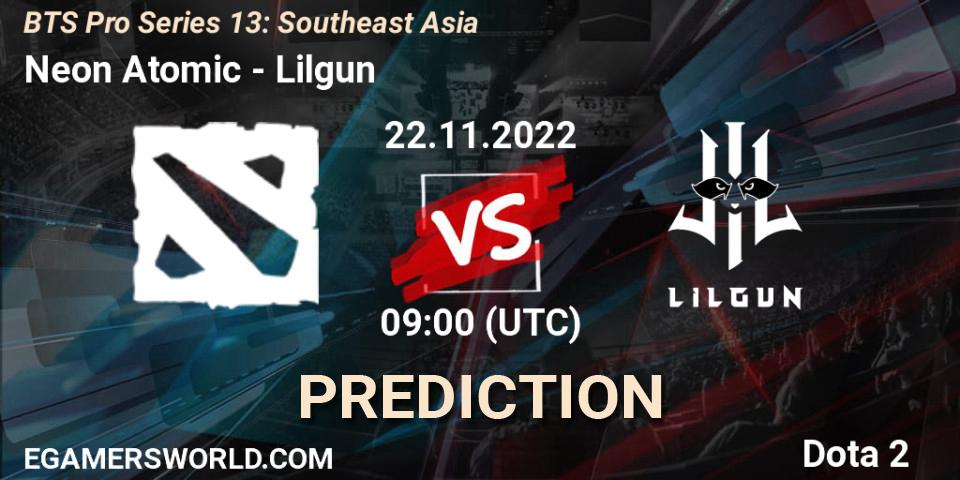 Neon Atomic vs Lilgun: Match Prediction. 22.11.2022 at 09:03, Dota 2, BTS Pro Series 13: Southeast Asia