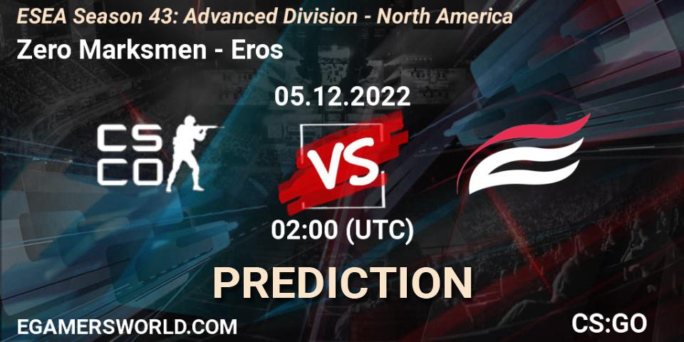 Zero Marksmen vs Eros: Match Prediction. 05.12.2022 at 02:00, Counter-Strike (CS2), ESEA Season 43: Advanced Division - North America