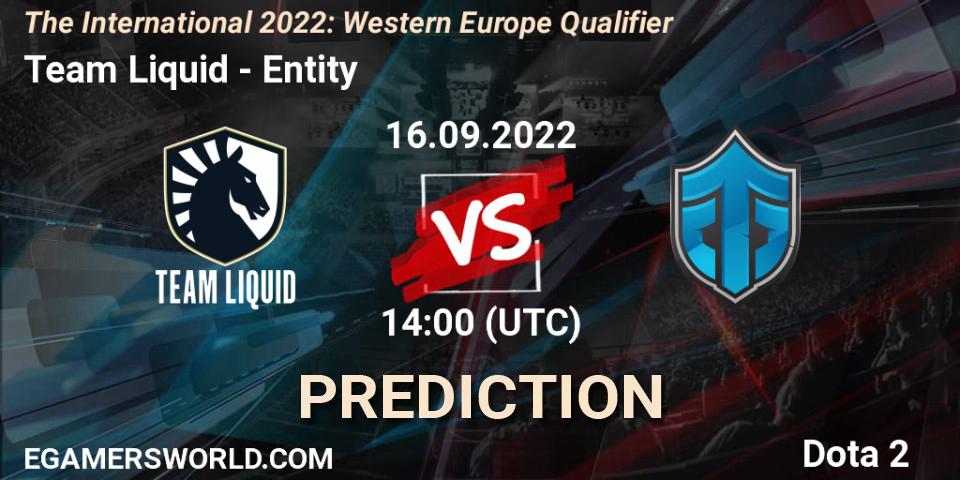 Team Liquid vs Entity: Match Prediction. 16.09.2022 at 16:07, Dota 2, The International 2022: Western Europe Qualifier