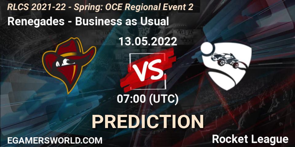Renegades vs Business as Usual: Match Prediction. 13.05.22, Rocket League, RLCS 2021-22 - Spring: OCE Regional Event 2