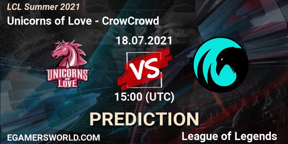 Unicorns of Love vs CrowCrowd: Match Prediction. 18.07.2021 at 14:55, LoL, LCL Summer 2021