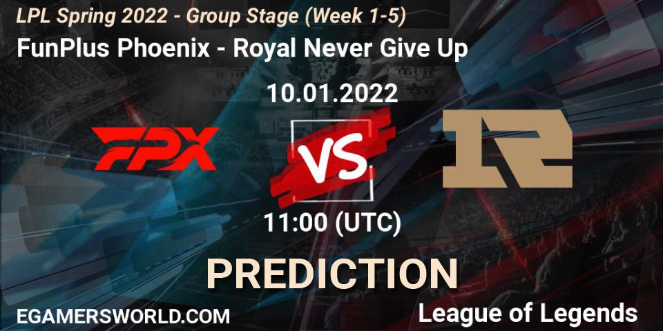 FunPlus Phoenix vs Royal Never Give Up: Match Prediction. 10.01.2022 at 11:00, LoL, LPL Spring 2022 - Group Stage (Week 1-5)
