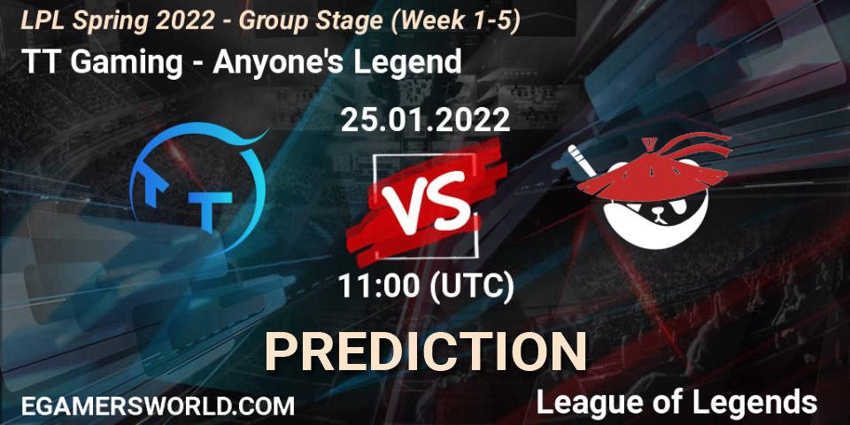 TT Gaming vs Anyone's Legend: Match Prediction. 25.01.2022 at 11:00, LoL, LPL Spring 2022 - Group Stage (Week 1-5)