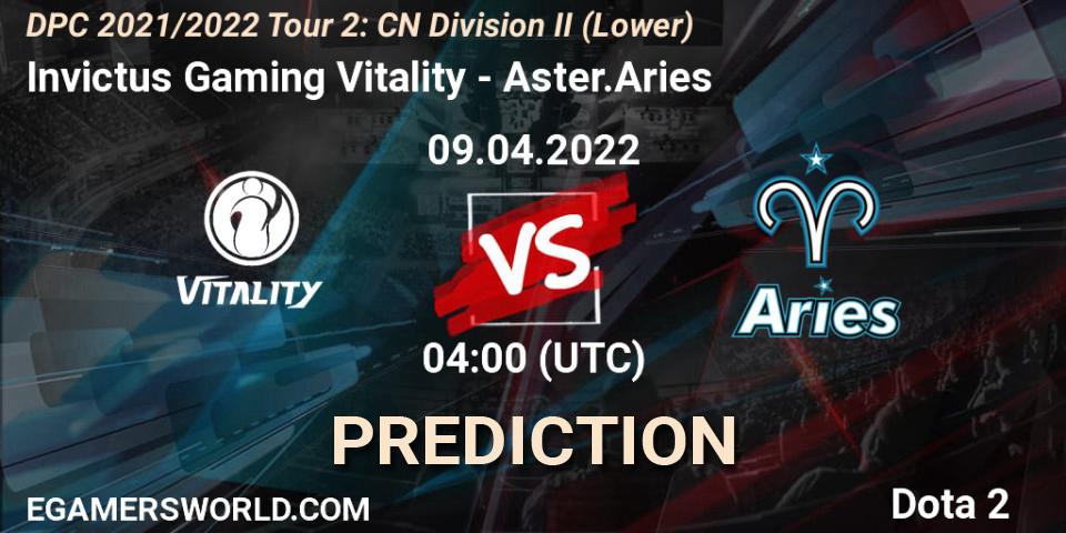Invictus Gaming Vitality vs Aster.Aries: Match Prediction. 12.04.2022 at 03:58, Dota 2, DPC 2021/2022 Tour 2: CN Division II (Lower)