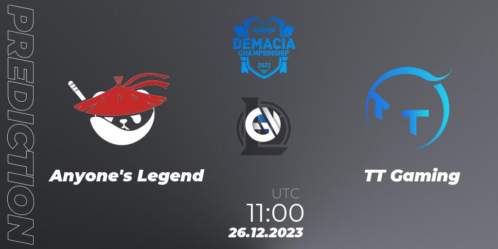 Anyone's Legend vs TT Gaming: Match Prediction. 26.12.2023 at 11:00, LoL, Demacia Cup 2023 Group Stage