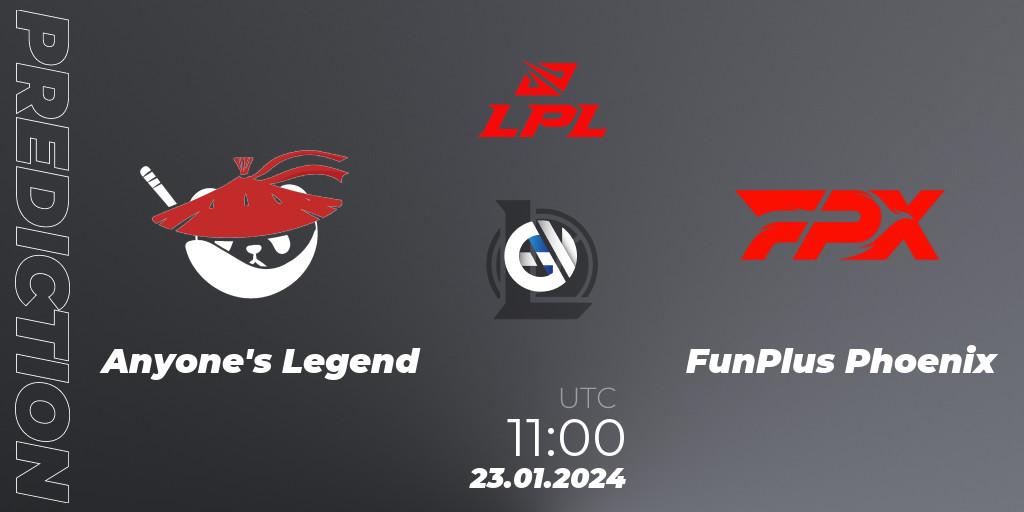 Anyone's Legend vs FunPlus Phoenix: Match Prediction. 23.01.2024 at 11:00, LoL, LPL Spring 2024 - Group Stage