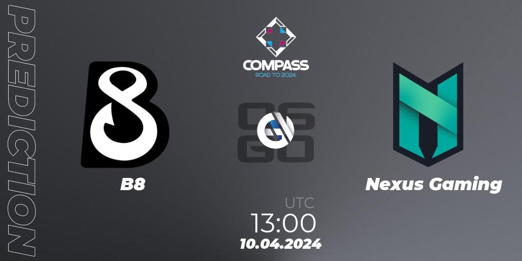 B8 vs Nexus Gaming: Match Prediction. 10.04.2024 at 13:00, Counter-Strike (CS2), YaLLa Compass Spring 2024