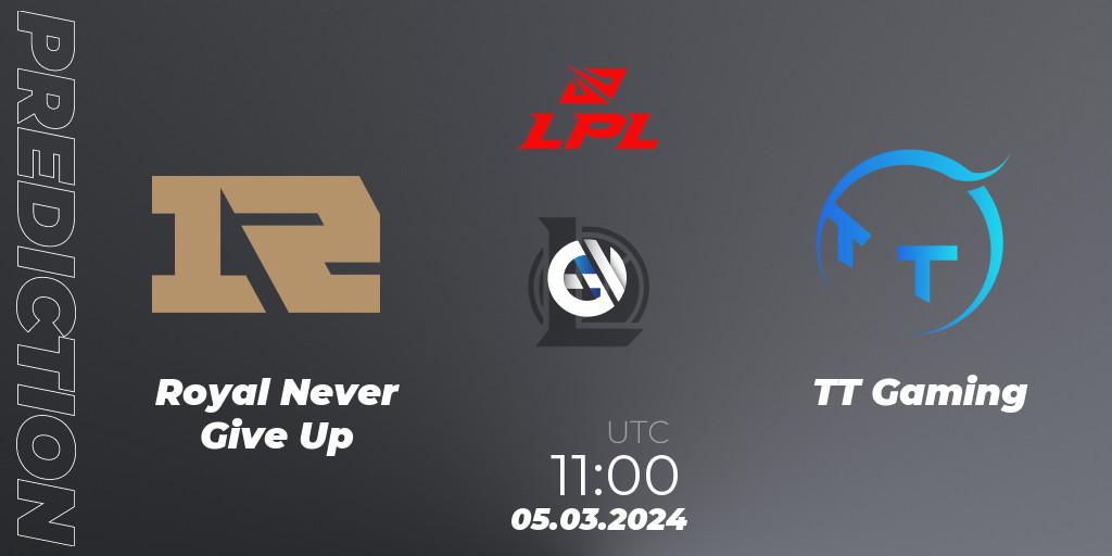 Royal Never Give Up vs TT Gaming: Match Prediction. 05.03.2024 at 12:00, LoL, LPL Spring 2024 - Group Stage